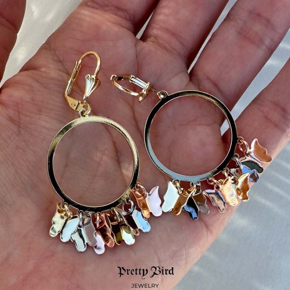 18K Yellow Gold Plated Tri Color Butterfly Hoop Earrings - Picture 2 of 2